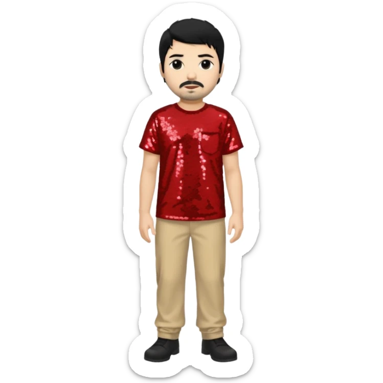 Chino Moreno with black hair, red sequin shirt, beige sequin baggy pants sticker