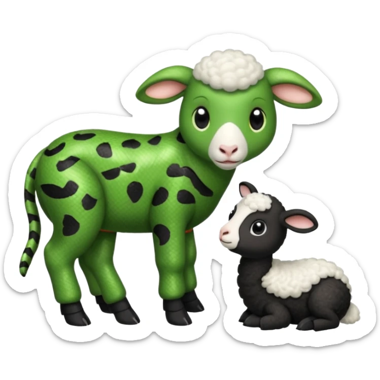 Baby snake wearing black pajamas with white piping talking to a baby sheep wearing black pajamas with white piping sticker