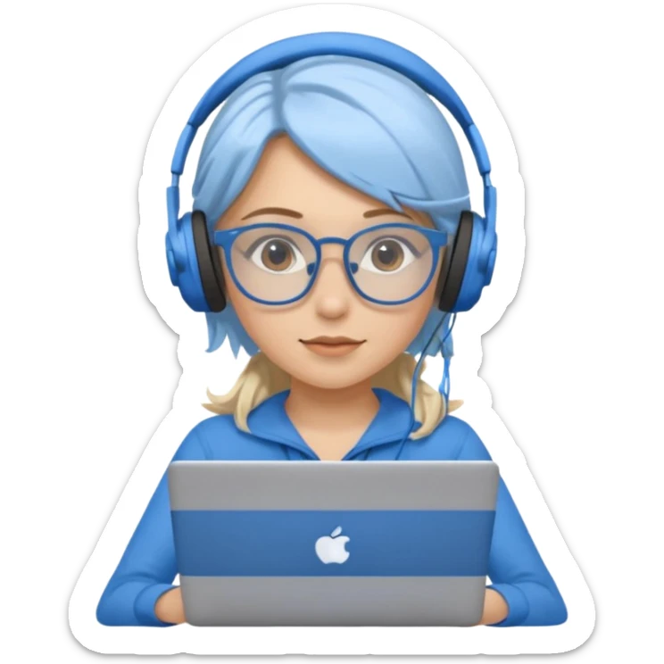 create a blonde hair women with brown eyes, blue glasses and blue headphones working on a laptop wearing a brown top. sticker