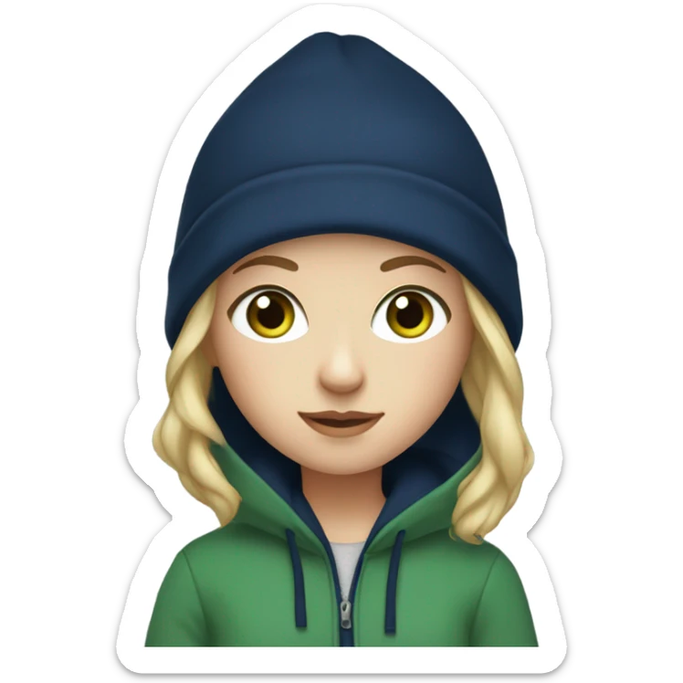 A white girl with blonde short hair and green eyes wearing a navy blue hoodie  sticker