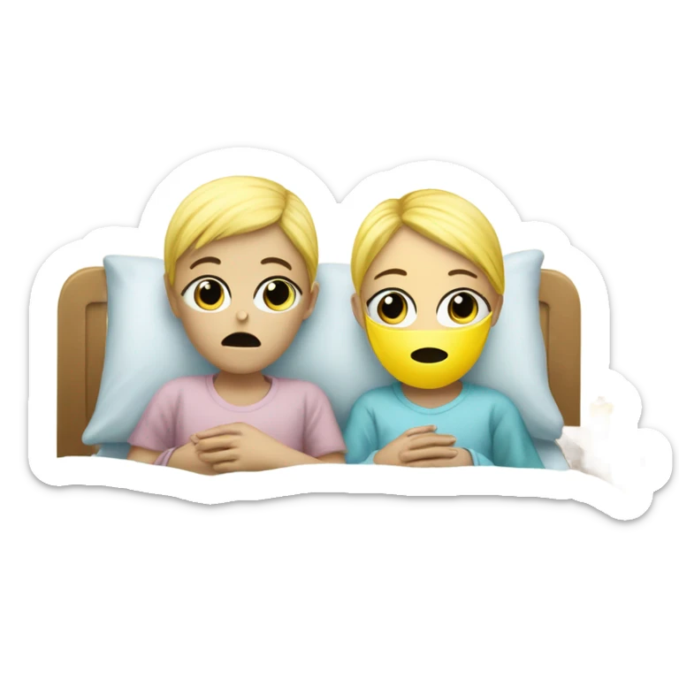 Two blonde children, each in their own bed at home, sick, sad, each wearing a surgical mask, one is a Boy, one is a girl, get well soon sign with yellow heart sticker