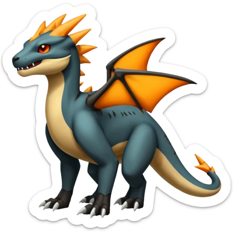 Magmatic fiery badass cool obsidian-Black and golden-orange Helioptile-Marowak-Salamence-Fakémon-hybrid-creature (full body)  sticker