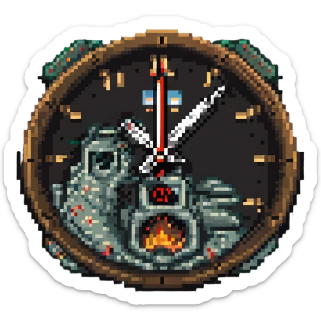 A clock showing 38 minutes, with a smoking gun and a destroyed palace in the background sticker