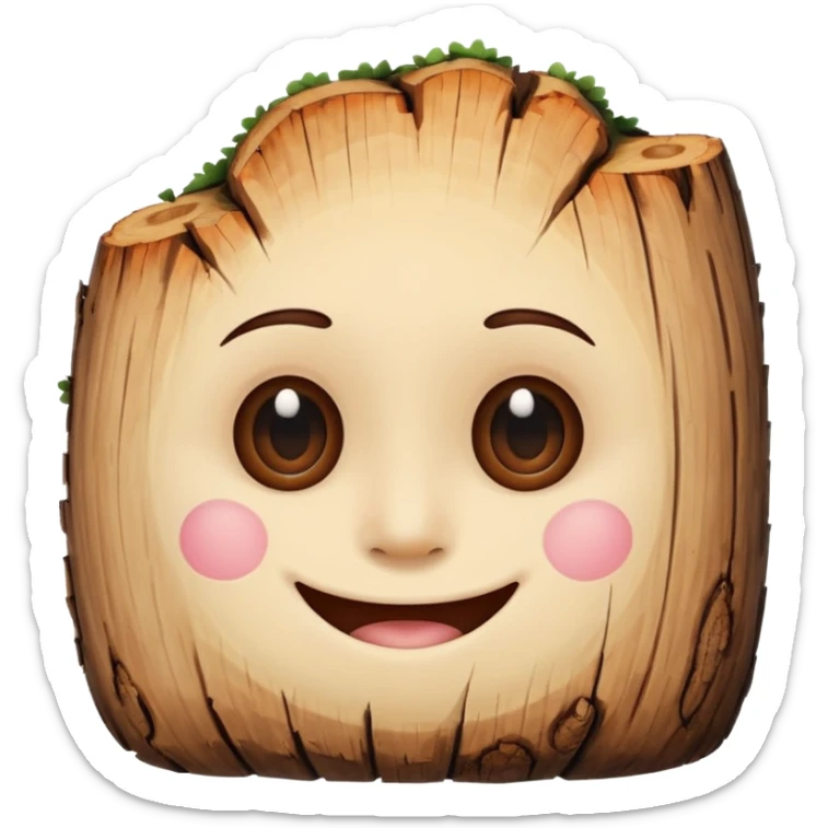 a log emoji. the top of the log is a smiley face with two small dots for eyes and a large U shape for the mouth. do not make the face look like an emoji. think of cute, subtle and hand-drawn sticker