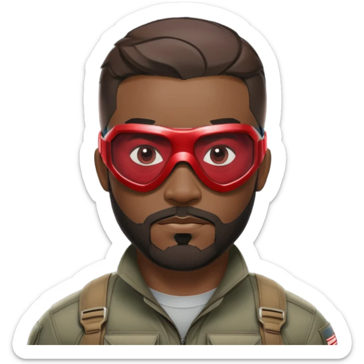 sam wilson with a very short hair close to the scalp and  a well-groomed beard that connects to his mustache,  wear sleek, red-tinted tactical goggles fit snugly from captain america: civil war sticker