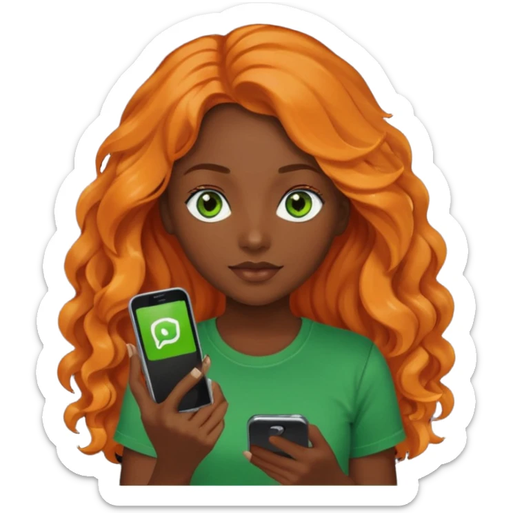 Girl with dark long orange wavy hair, green eyes, and black t-shirt and phone with app on hand sticker