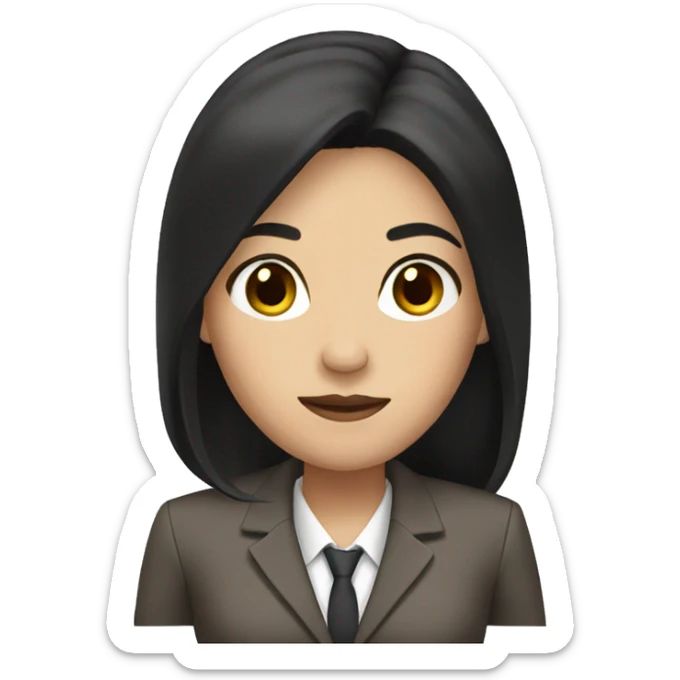 Female defense attorney with long black hair with brown suit sticker