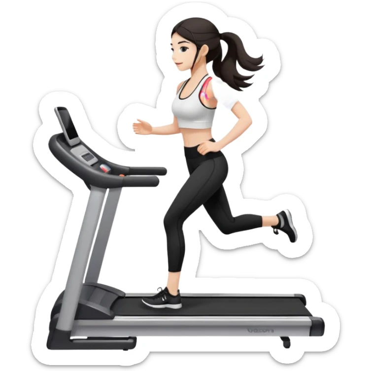 Девушка белокожая на беговой дорожке, с длинными темными волосами, в одежде для йоги - черные лосины, белый короткий топ на тонких лямках, с черными ресницами sticker