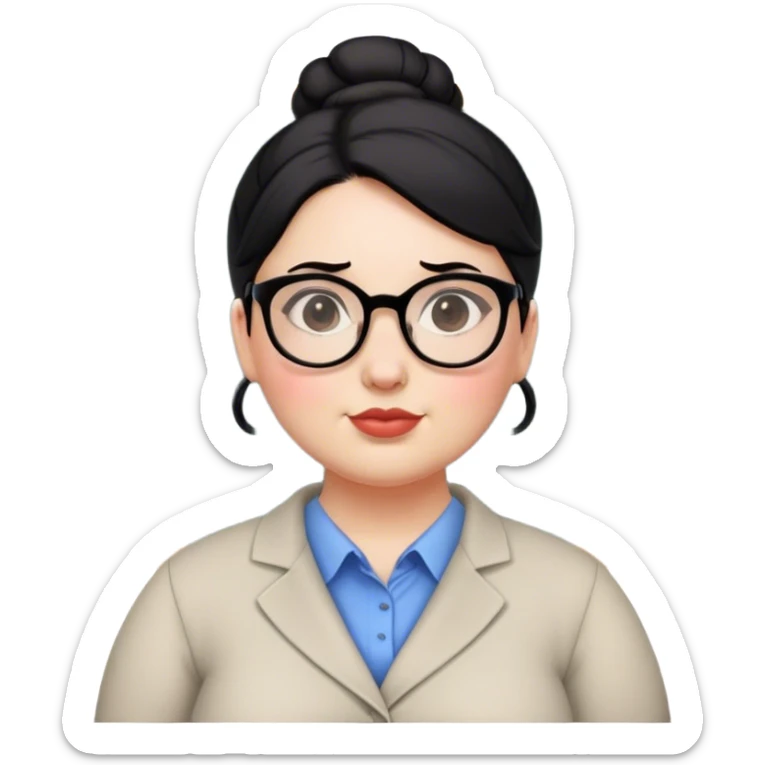 pale chubby female teacher with black hair in a updo bun, wearing glasses sticker