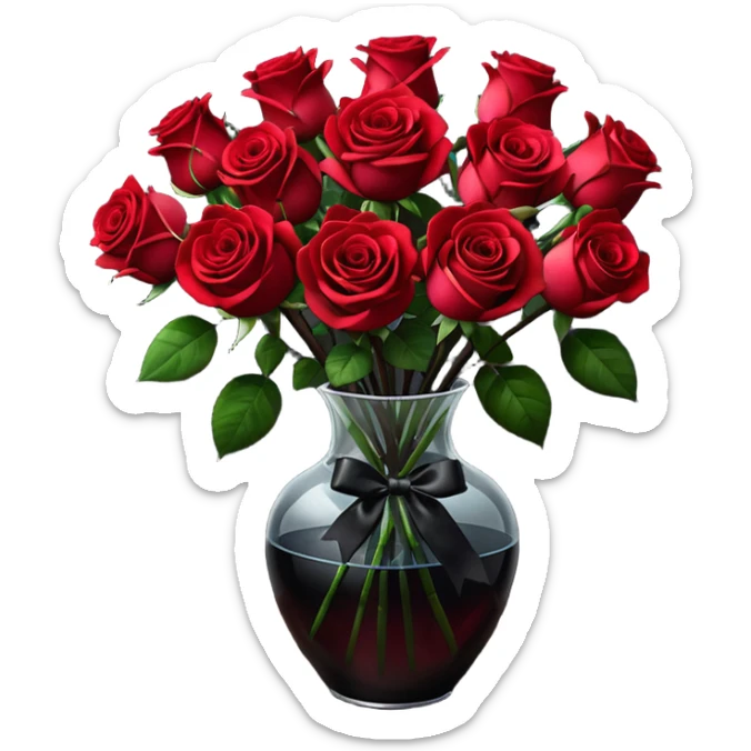 Hyperrealism, still life, black to red colorshifting bouquet of lush roses, black satin ribbon, translucent vase with water, on dark wooden table,  sticker