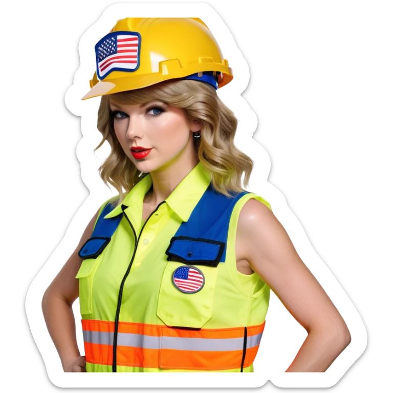 Taylor Swift is a construction worker wearing a patriotic dress with a neon yellow safety vest over the dress. she also has a hard hat and a patriotic patch on the vest sticker