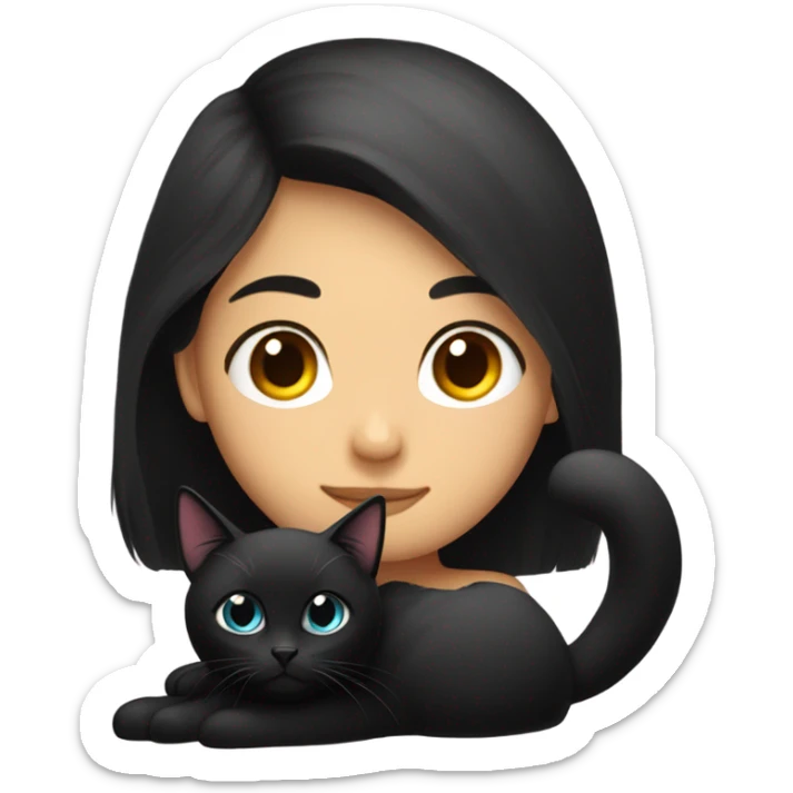 A girl with long dark hair and a black fluffy cat is lying on her right shoulder sticker