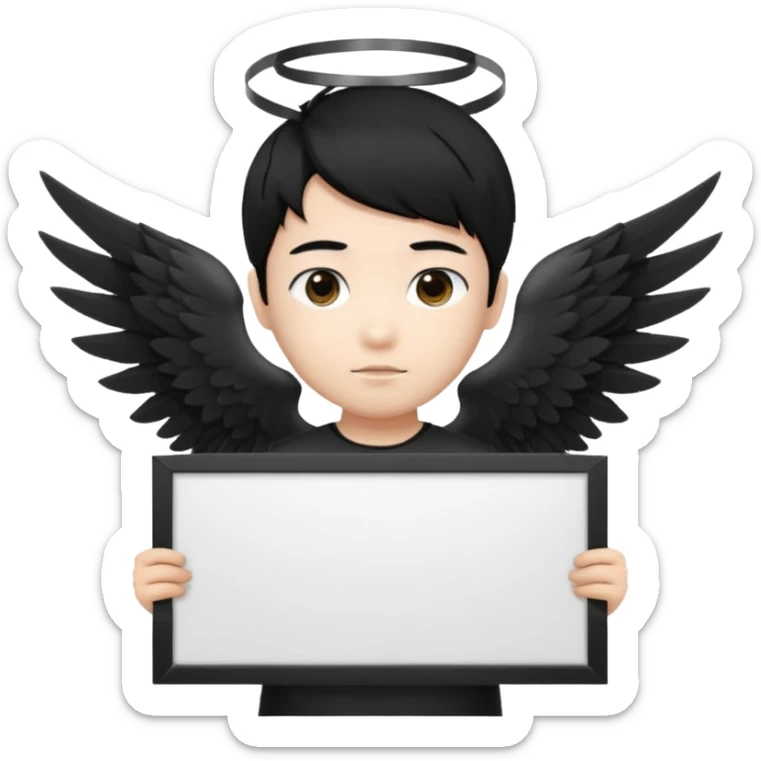 Asian Boy Angel with black hair black halo and black wings holding a large blank sign sticker