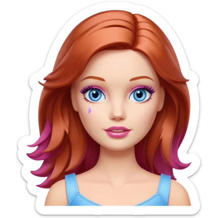 Barbie girl Chestnut-red Shoulder-length hair and blue eyes is In pale purple smears by hand cosmetic cream on her face sticker