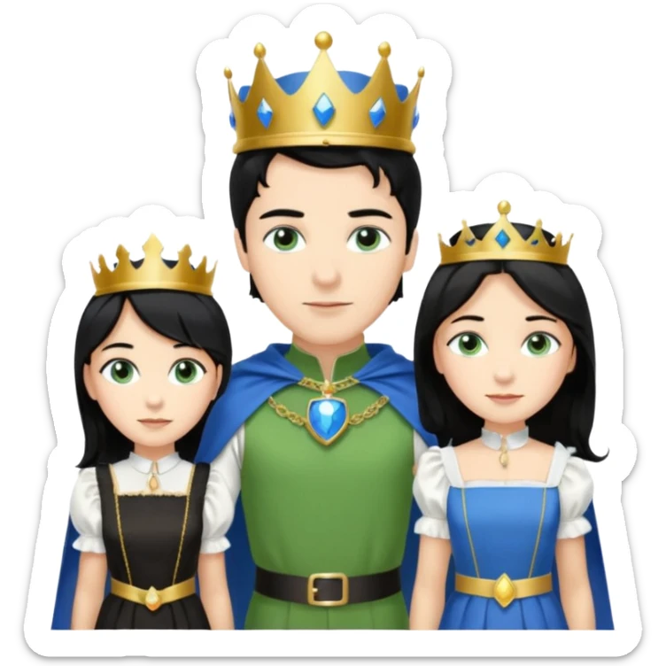 Prince with crown, blue cape and trousers, body and legs, black hair, blue eyes and maid, blonde hair, green eyes, sexy white short sleveless dress,  sticker