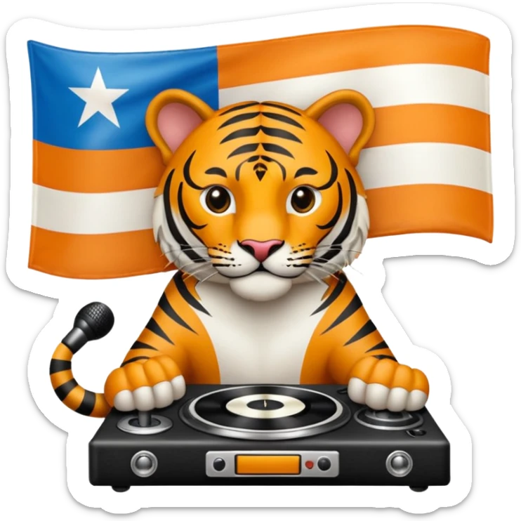 Quiero un tigre mezclado con la bandera cubana. Porque no apodan el tiger y soy de cuba. 
Quiero un tigre asi cubano pero con unos audífonos de dj, además un tigre fuerte y con cara de tigre agresivo bueno eso no. Mejor un tigre feroz con una audífonos de dj o una mesa de dj sticker