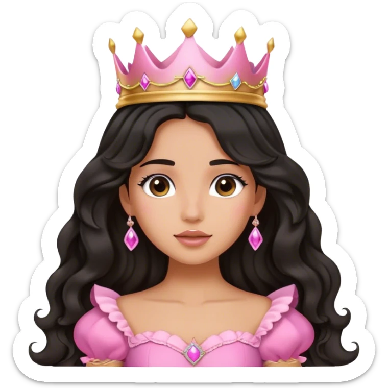 Very very tanned princess, with long black wavy hair and crown and an pink princess outfit with a cute pose switch hand on her face sticker
