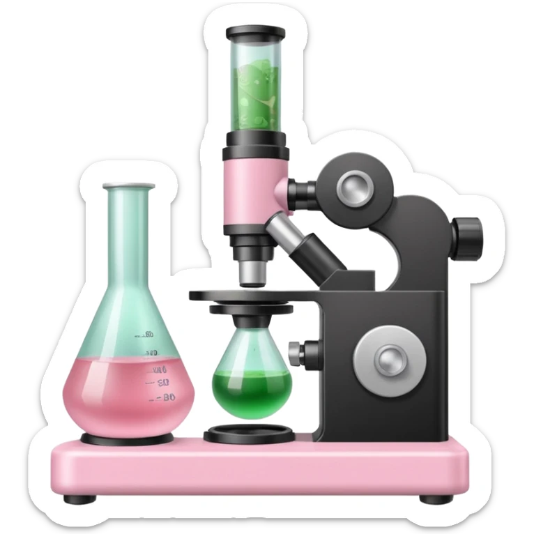 laboratorios, tubo de ensayo y microscopio todo en una imagen, que sean colores rosas, blancos, verde y beish sticker