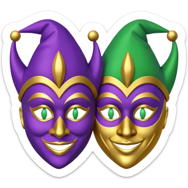 2 jesters masks for mardi gras in purple gold and green like the apple emoji sticker