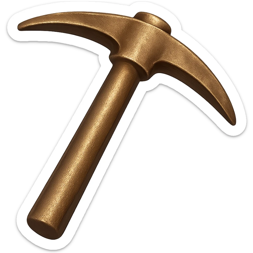 Change the texture of the pickaxe to look more like real bronze metal, not diamond. Keep the pickaxe's shape, but make it metallic, shiny, and worn in emoji style. Transparent background. sticker