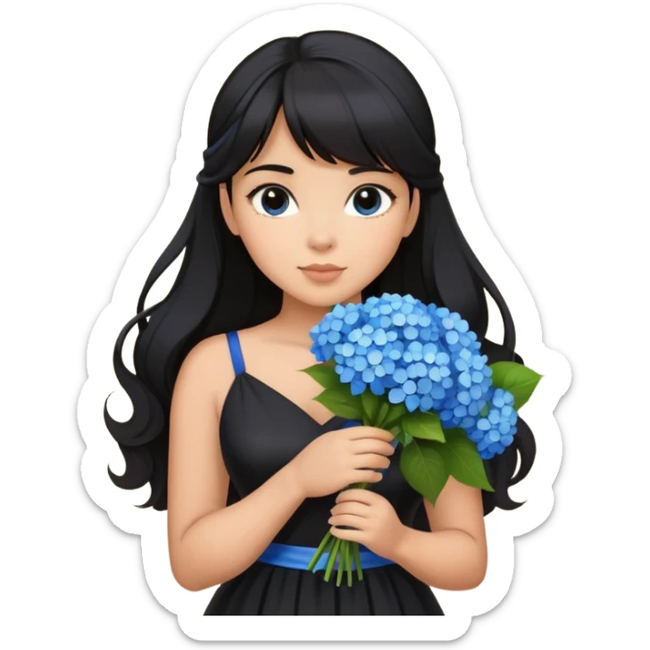 Latina girl with bangs black long hair in pony tail plus size black dress holding a blue bouquet of hydrangeas sticker