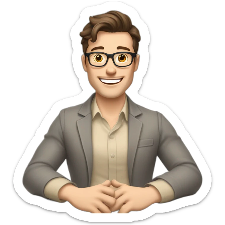 Joyful Celebrating victory Hands up Pale skinned Fit Man With dark brown hair in gray jacket, beige office shirt, Brown pants and vintage glasses sitting In a soft chair sticker