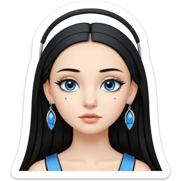 Girl with Black long straight hair with headband black one that puts hair pushed back winged eyeliner both upoer and lower line blue eyeshadow silver hoops  sticker