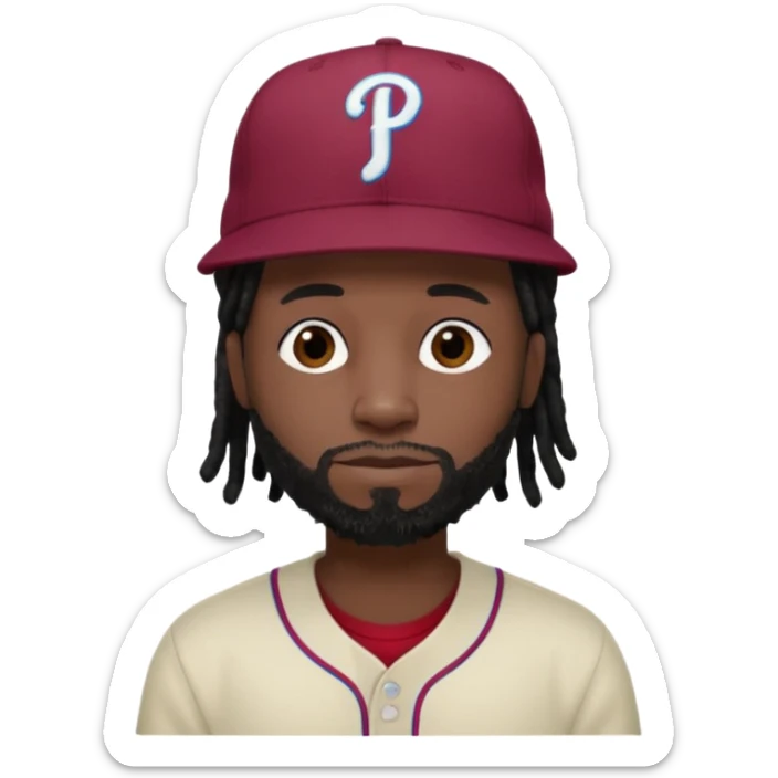 Black man with short black dreads and burgundy fitted Phillies hat and no hair on shoulders sticker