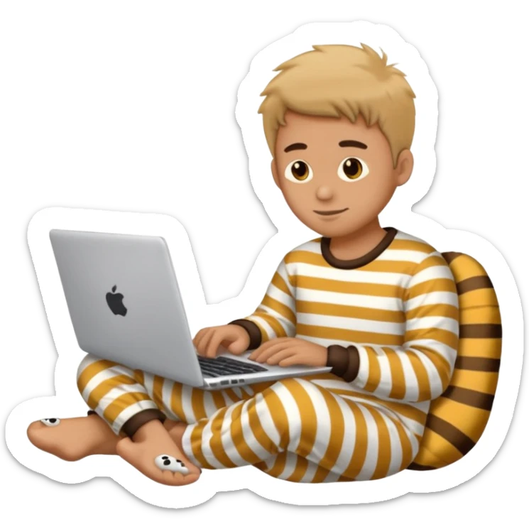 man in striped pajamas and fuzzy slippers typing on a laptop, emoji style sticker