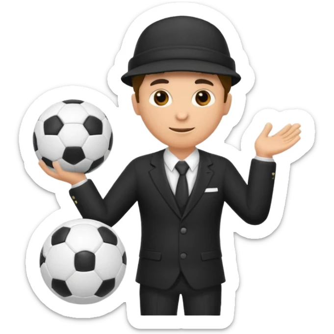 Director tecnico de futbol, con un traje negro, gorra y un balon de futbol bajo el brazo sticker