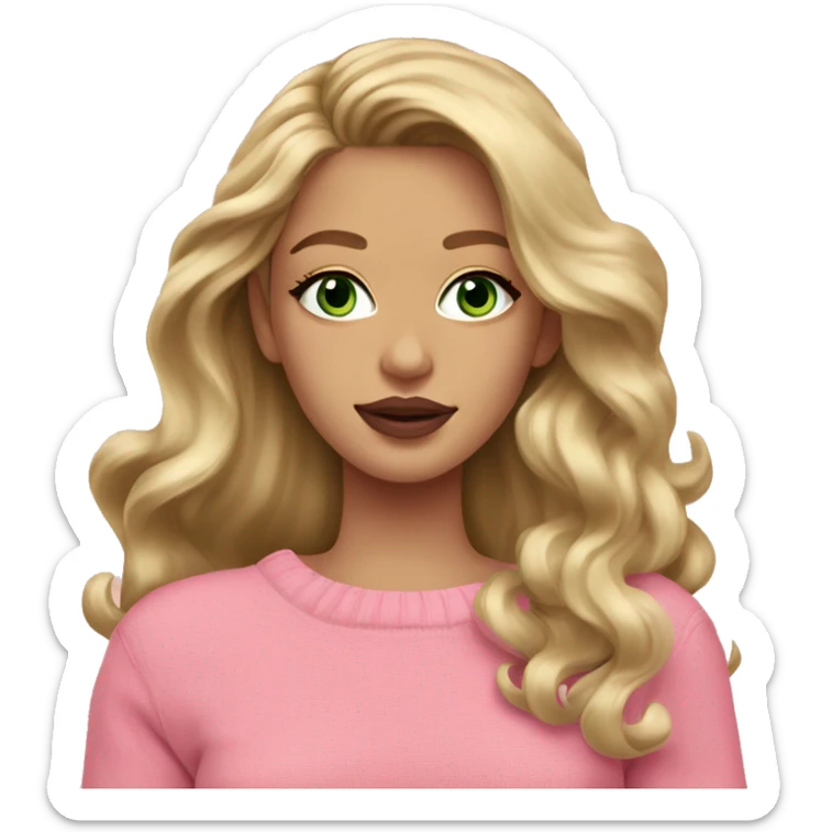Dark blonde girl pink sweater pink lipstick green eyes gold earrings pink nails wavy long hair full body sticker