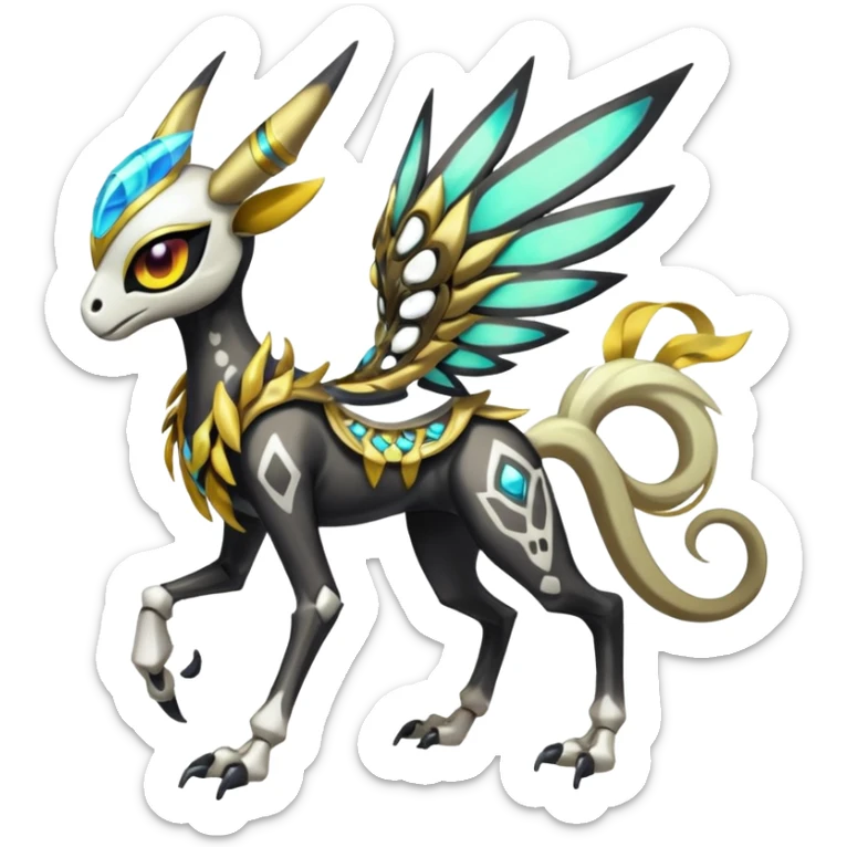 Big-eyed anime-styled Colorful Shiny Tribal Skeletal masked armored Meloetta-Silvally-Solgaleo-Raikou-Pokémon-Digimon-Fakémon-fusion-hybrid-creature, full body sticker