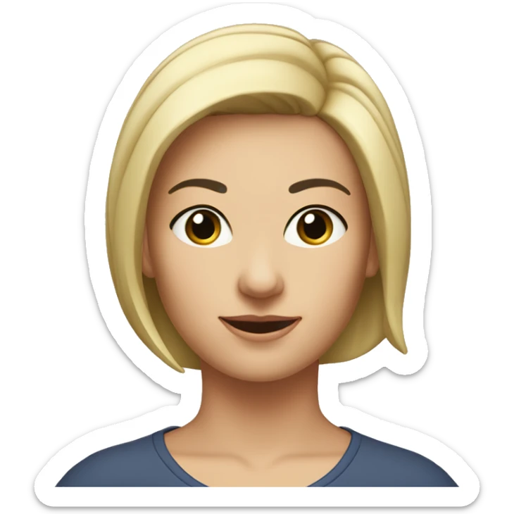 A head and shoulders shot of a 40 year old caucasian woman with black short hair wearing a tshirt. sticker