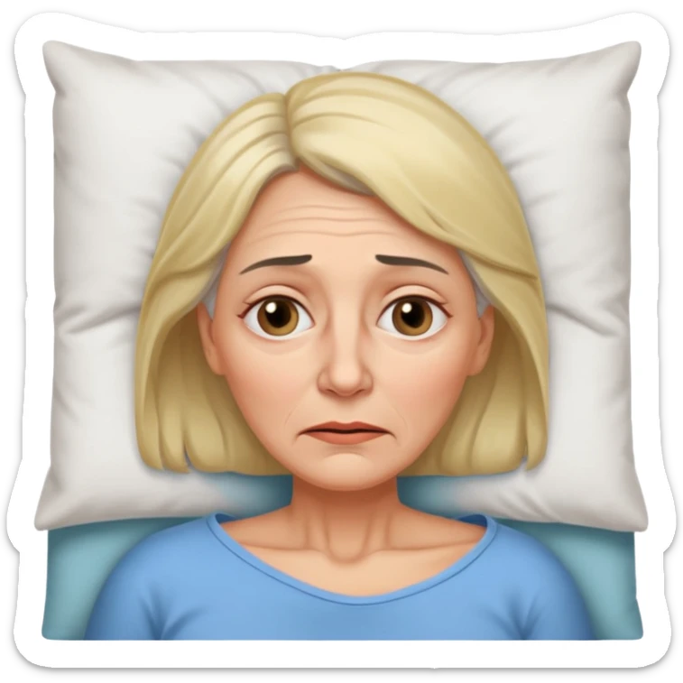 A 55-year-old woman lying in bed. She looks exhausted and desperate, with visible dark circles under her eyes, tired facial expression. sticker