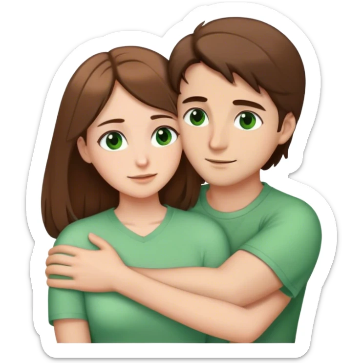 white couple with brown hair, man has short hair and brown eyes. woman has long hair and green eyes .they’re hugging each other  sticker