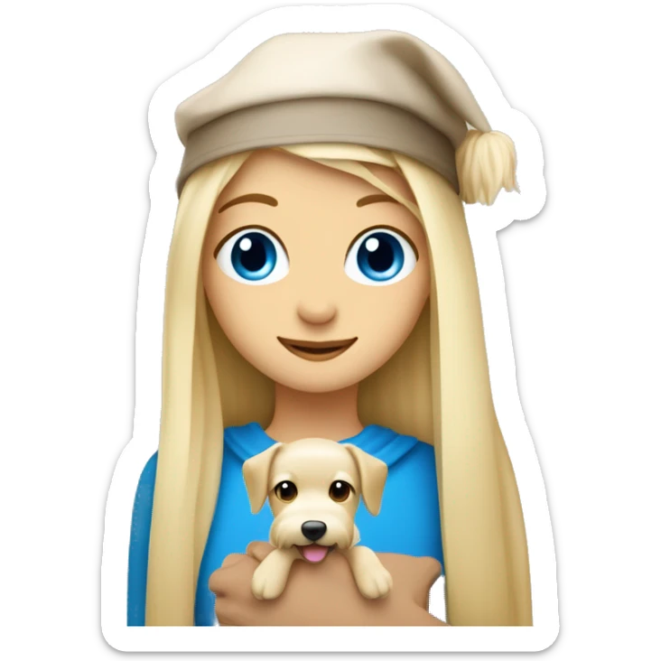 Blonde girl with long straight hair and blue eyes hugs a beige maltipu with a new year cap sticker
