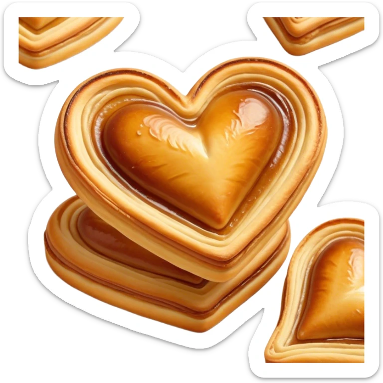 Cinematic crisp palmier, golden-brown heart-shaped pastries, perfectly caramelized layers, delicate and flaky, warm glowing background, inviting and delicious. sticker
