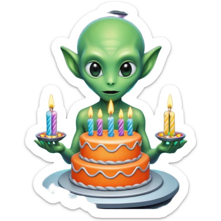 A detailed alien holding a colorful birthday cake with lit candles, standing inside a futuristic spaceship, cinematic lighting, ultra realistic textures, high resolution, dramatic shadows, sci-fi atmosphere
 sticker