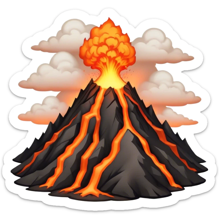 Cinematic Realistic Volcano Emoji, Powerful and awe-inspiring, with molten lava flowing from its jagged, smoking peak, casting an orange glow in the surrounding darkness. The landscape around it is barren and rocky, with clouds of ash rising into the sky. Soft glowing outline, capturing the essence of raw power and fiery energy in a towering volcano. sticker