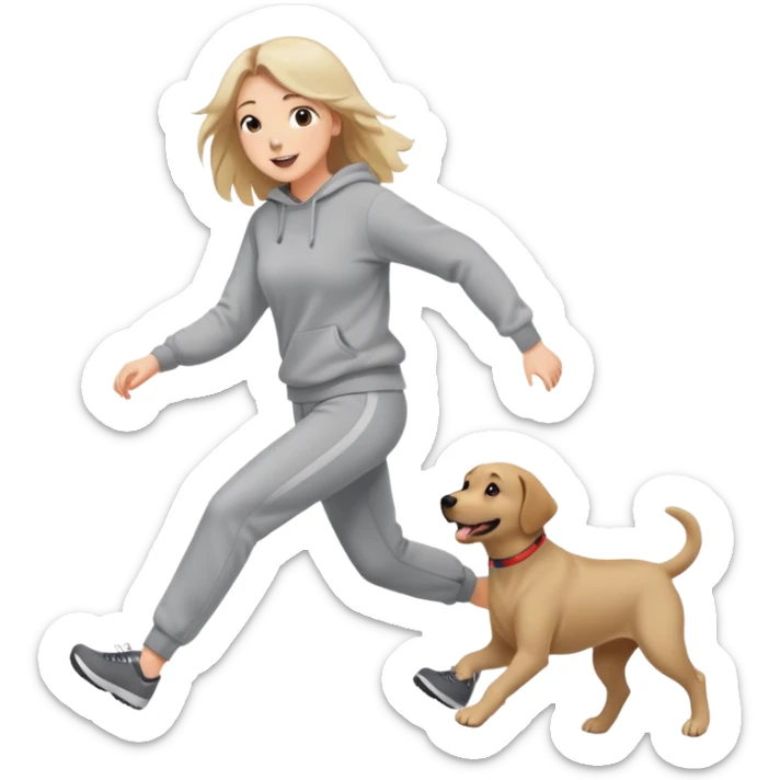 A beautiful girl with fair skin wearing a gray sweatshirt and sweatpants happily chasing a Labrador sticker