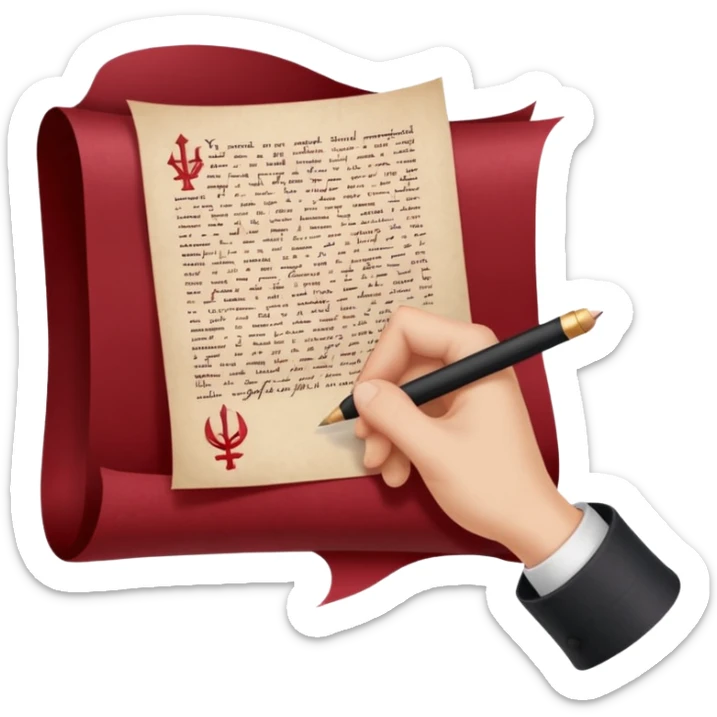 Minimalist emoji-style sticker of a pale hand signing a parchment contract titled “YOUR SOUL” in gothic font, muted red ink, grayscale background sticker