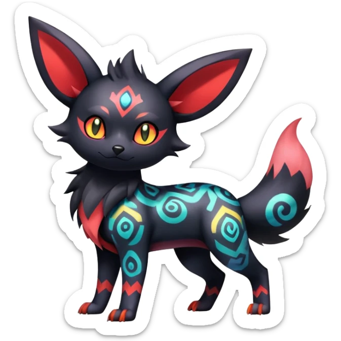 Shiny Exotic Badass Colorful Ethereal Royal Mysterious Gothic Umbreon-Zorua-Litten-Noibat-Pokémon-Fakémon-hybrid-creature (full body) with colorful pattern-markings sticker