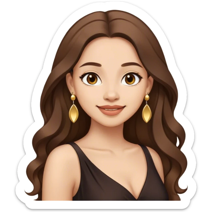 Beautiful woman,cute, happy, long brown hair in dark dress with gold earrings sticker