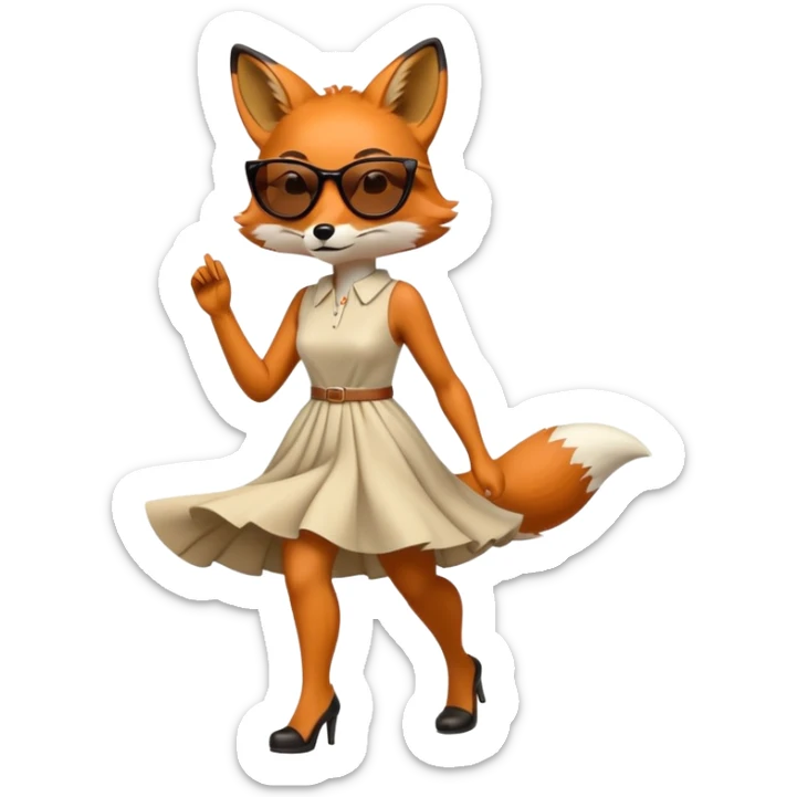 serious anthropomorphised female fox in stylish dress with sunglasses, walking with confidence, full-body view sticker