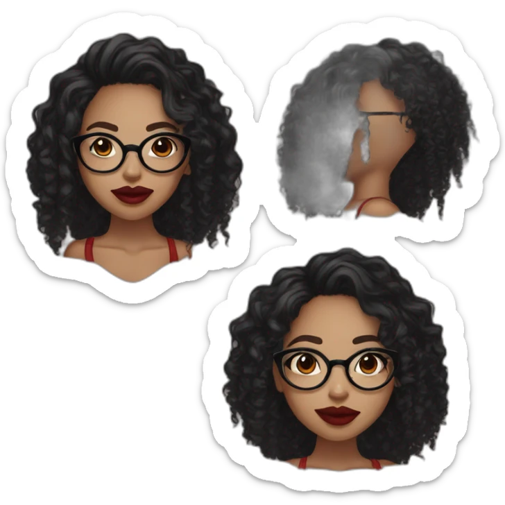 Black woman with round glasses, dark brown eyes red lipstick, a nose ring and septum ring, long curly black hair sticker
