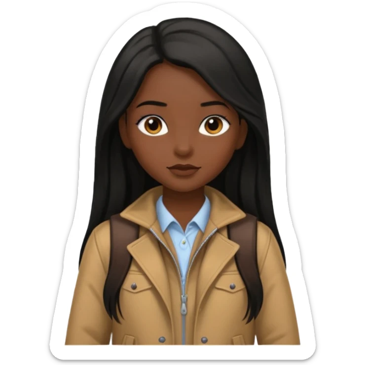 walk black long hair girl at university without backpack with brown jacket sticker