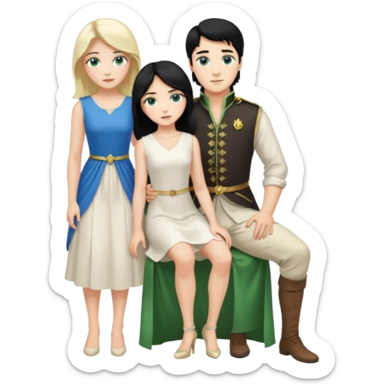 prince, standing upright, black Hair, blue eyes, garment,  woman, bending knee, white sleveless dress, blonde hair, green eyes, sticker