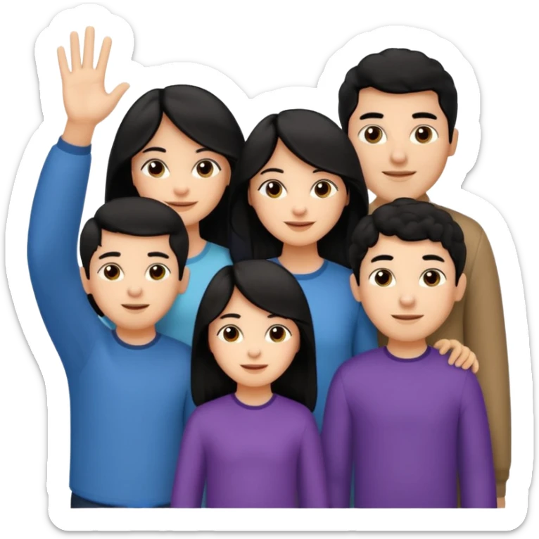 Hispanic family of five waving: mom with long straight hair, dad with short curly hair, two boys with matching short hair, and a girl with long straight hair sticker