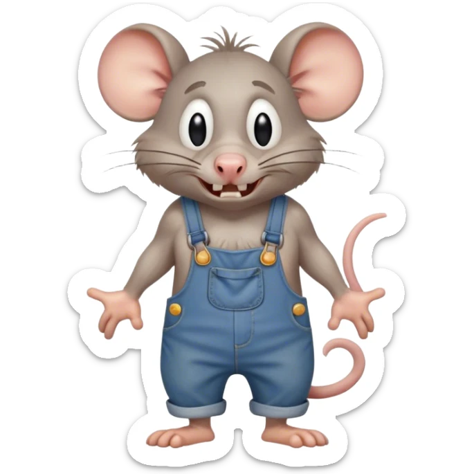  depressed disheveled dizzy cartoon hillbilly rat wearing overalls no shirt. standing and talking full body. human eyes. teeth showing talking. walking talking moving arms. angry expression sad sticker