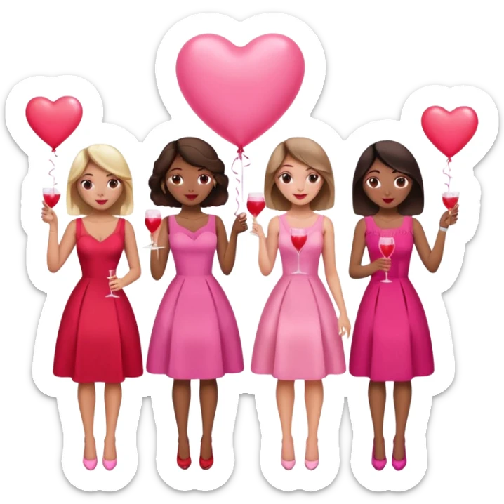galentines party : they wea red and pink dresses, hold pink and red heart balloons and pink cocktails in their hands, there is a blond girl, a brunette, an asian, and a brown skin girl sticker